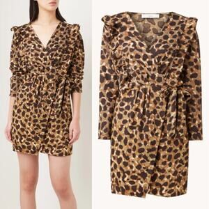 Mango | NWT Covita Brown & Green Crepe Texture Animal Print Faux Wrap Dress